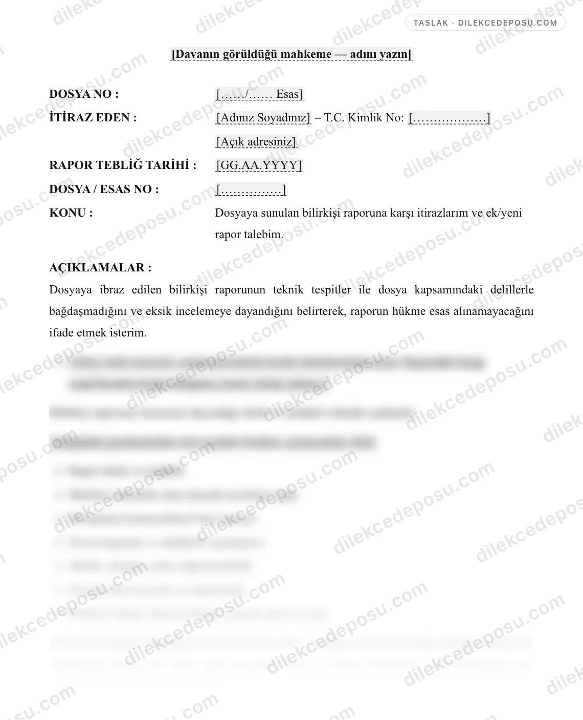 Bilirkişi Raporuna İtiraz Dilekçesi Örneği – taslağın ilk bölümünün önizlemesi