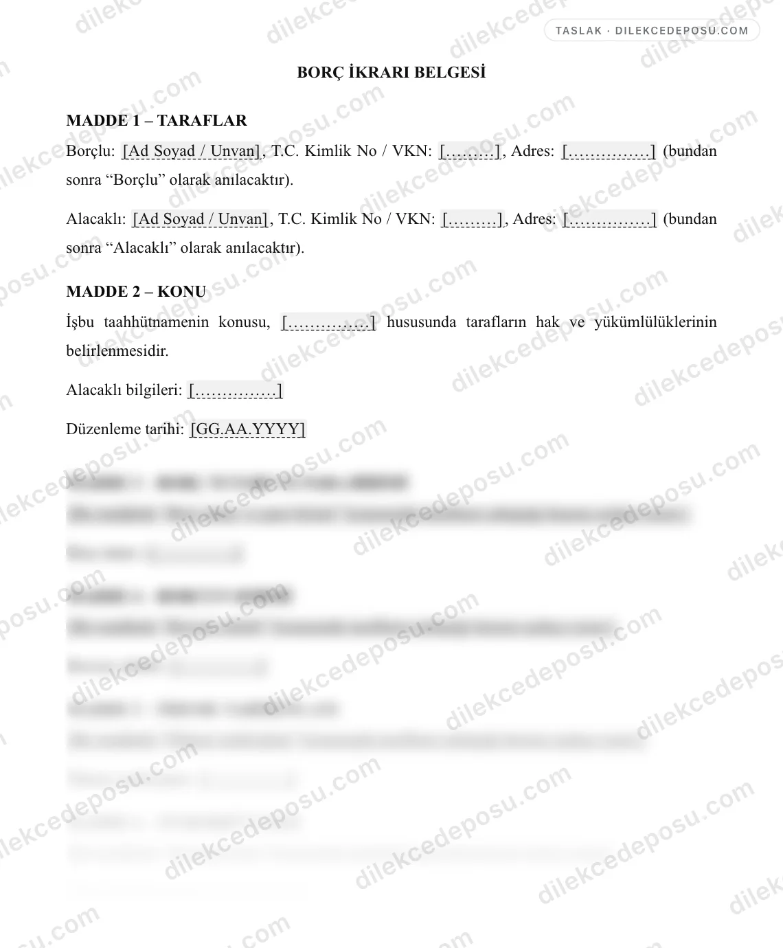 Borç İkrarı Belgesi Örneği – taslağın ilk bölümünün önizlemesi