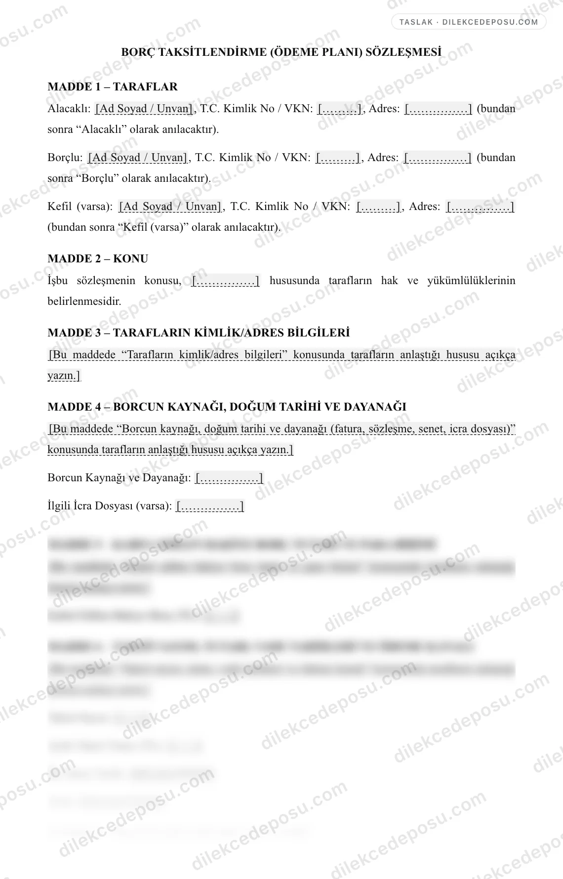 Borç Taksitlendirme (Ödeme Planı) Sözleşmesi Örneği – taslağın ilk bölümünün önizlemesi
