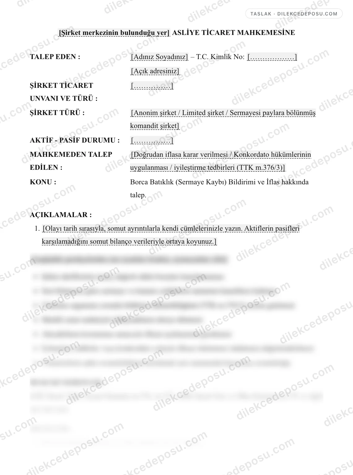 Borca Batıklık (Sermaye Kaybı) Bildirimi ve İflas Talebi Örneği – taslağın ilk bölümünün önizlemesi
