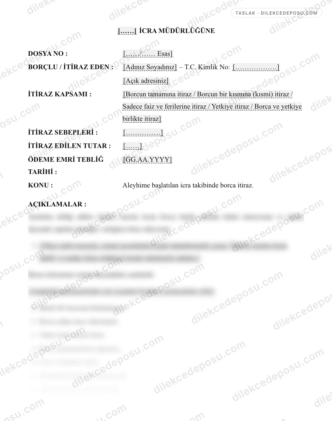 Borca İtiraz Dilekçesi Örneği – taslağın ilk bölümünün önizlemesi