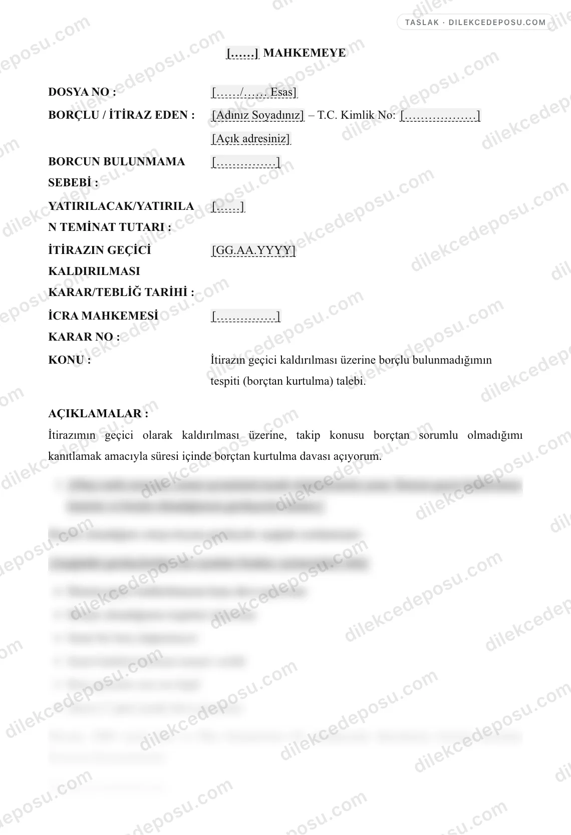 Borçtan Kurtulma Davası Örneği – taslağın ilk bölümünün önizlemesi