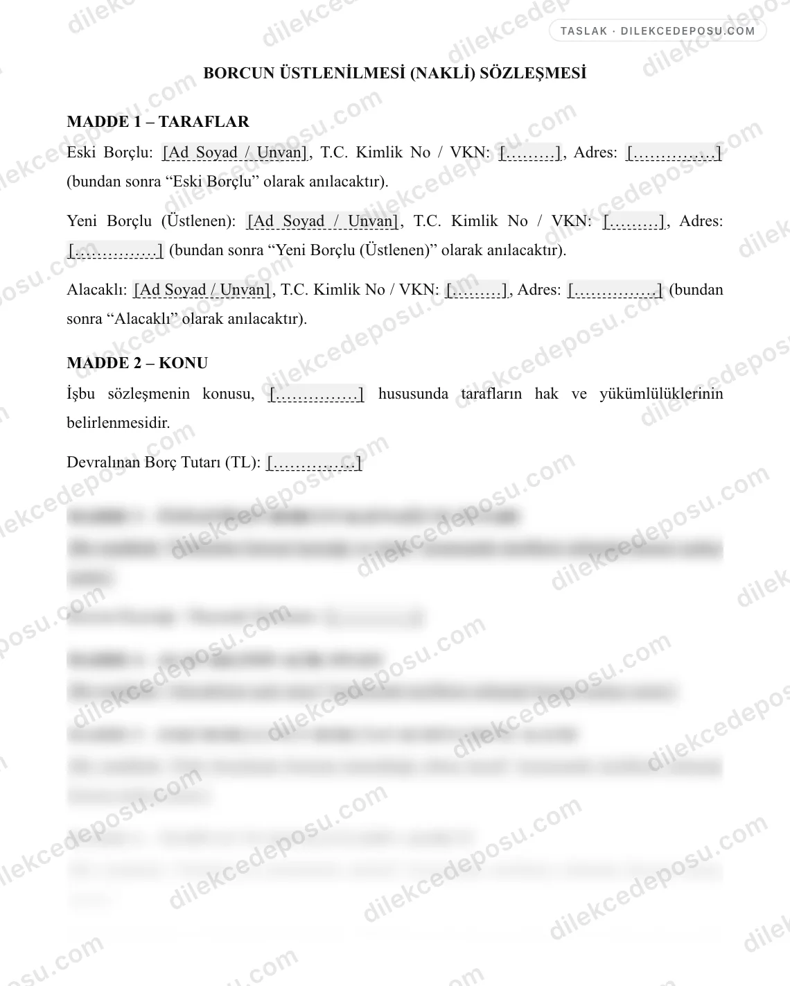 Borcun Üstlenilmesi (Nakli) Sözleşmesi Örneği – taslağın ilk bölümünün önizlemesi