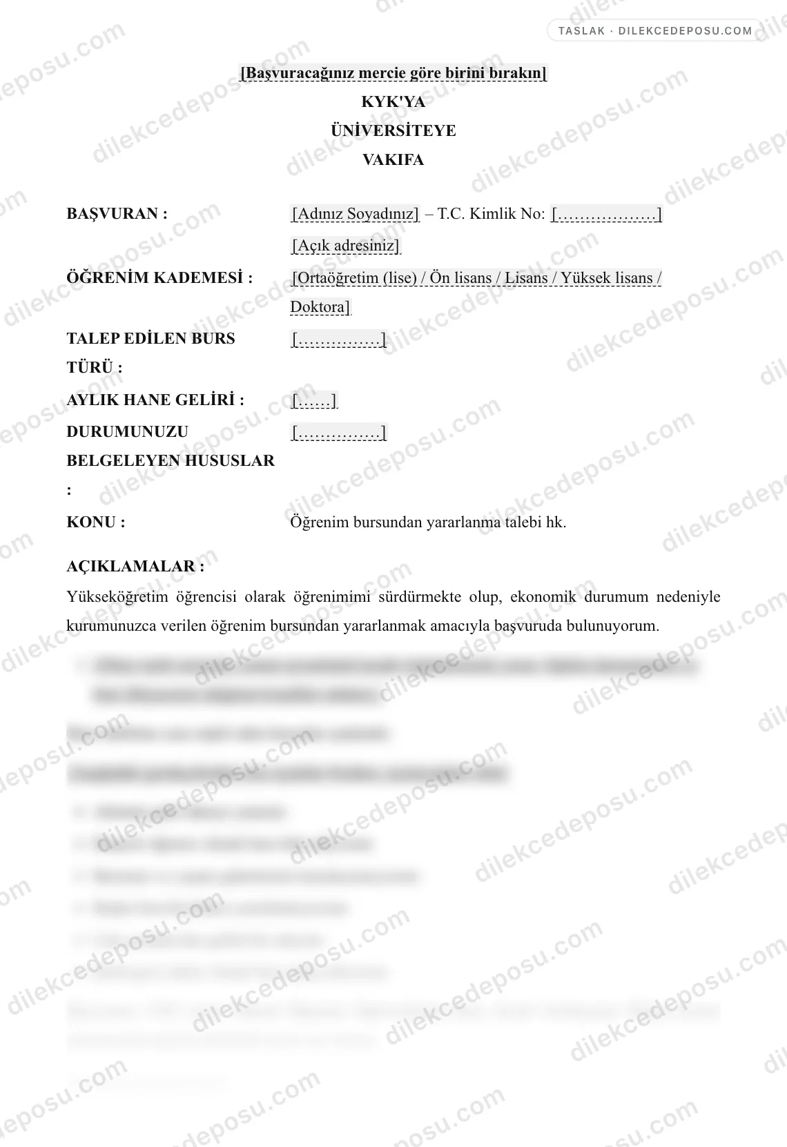Burs Talep Dilekçesi Örneği – taslağın ilk bölümünün önizlemesi