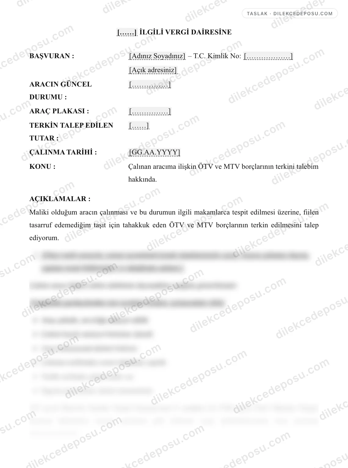 Çalıntı Araç ÖTV/MTV Terkin Dilekçesi Örneği – taslağın ilk bölümünün önizlemesi