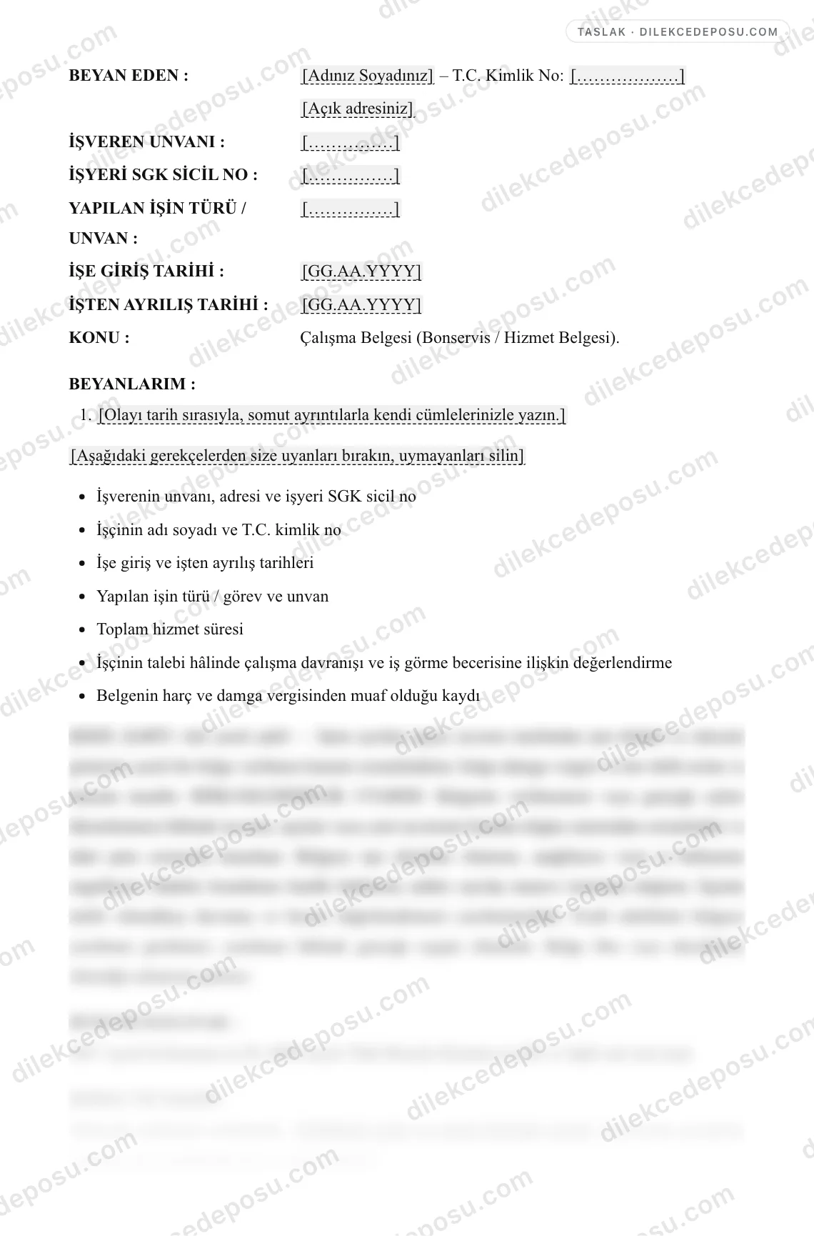 Çalışma Belgesi (Bonservis / Hizmet Belgesi) Örneği – taslağın ilk bölümünün önizlemesi