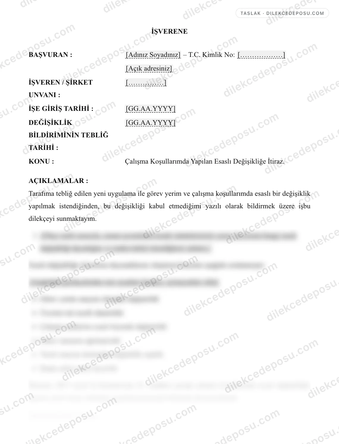Çalışma Koşullarında Esaslı Değişikliğe İtiraz Dilekçesi Örneği – taslağın ilk bölümünün önizlemesi