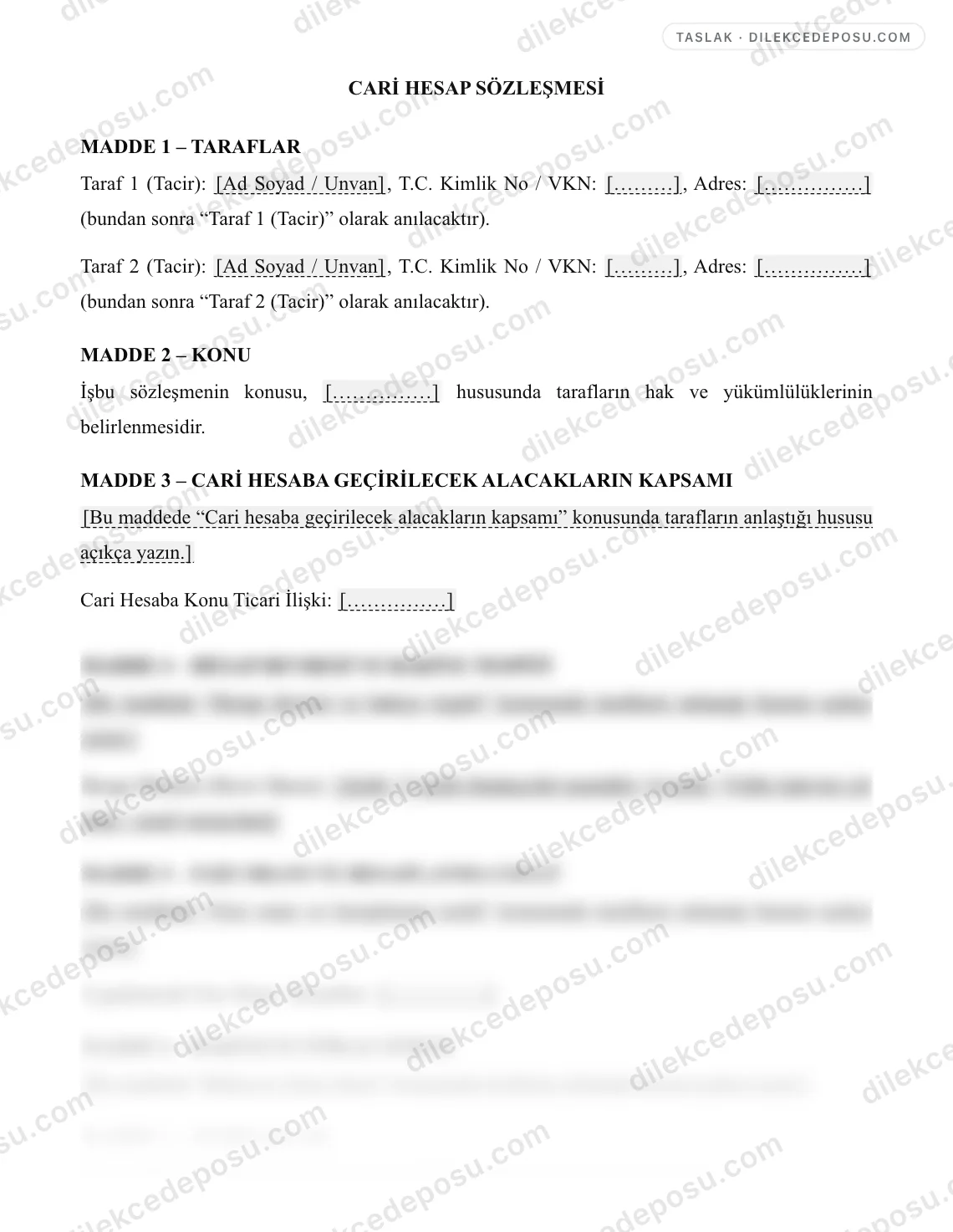 Cari Hesap Sözleşmesi Örneği – taslağın ilk bölümünün önizlemesi
