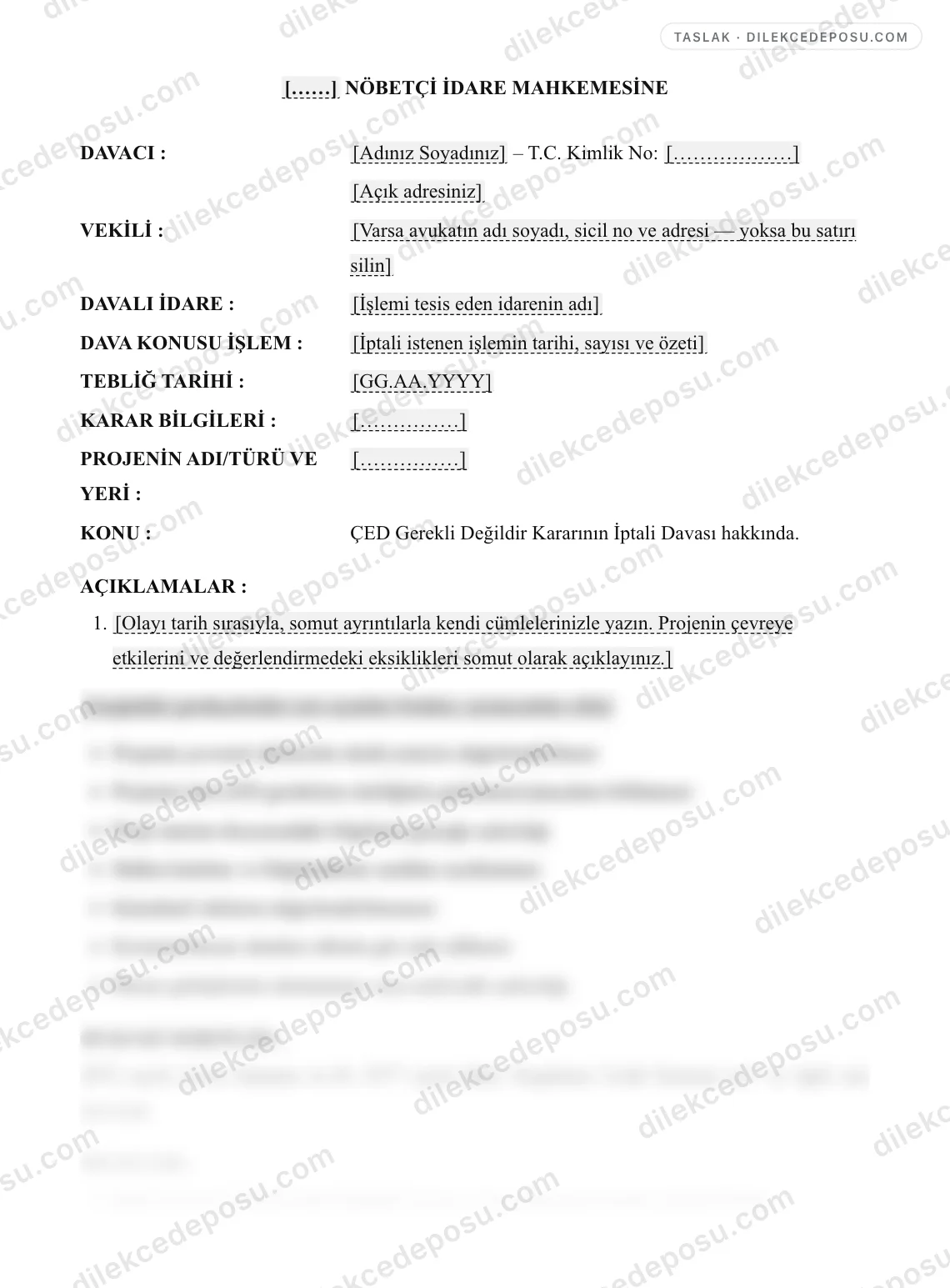 ÇED Gerekli Değildir Kararının İptali Davası Dilekçesi Örneği – taslağın ilk bölümünün önizlemesi