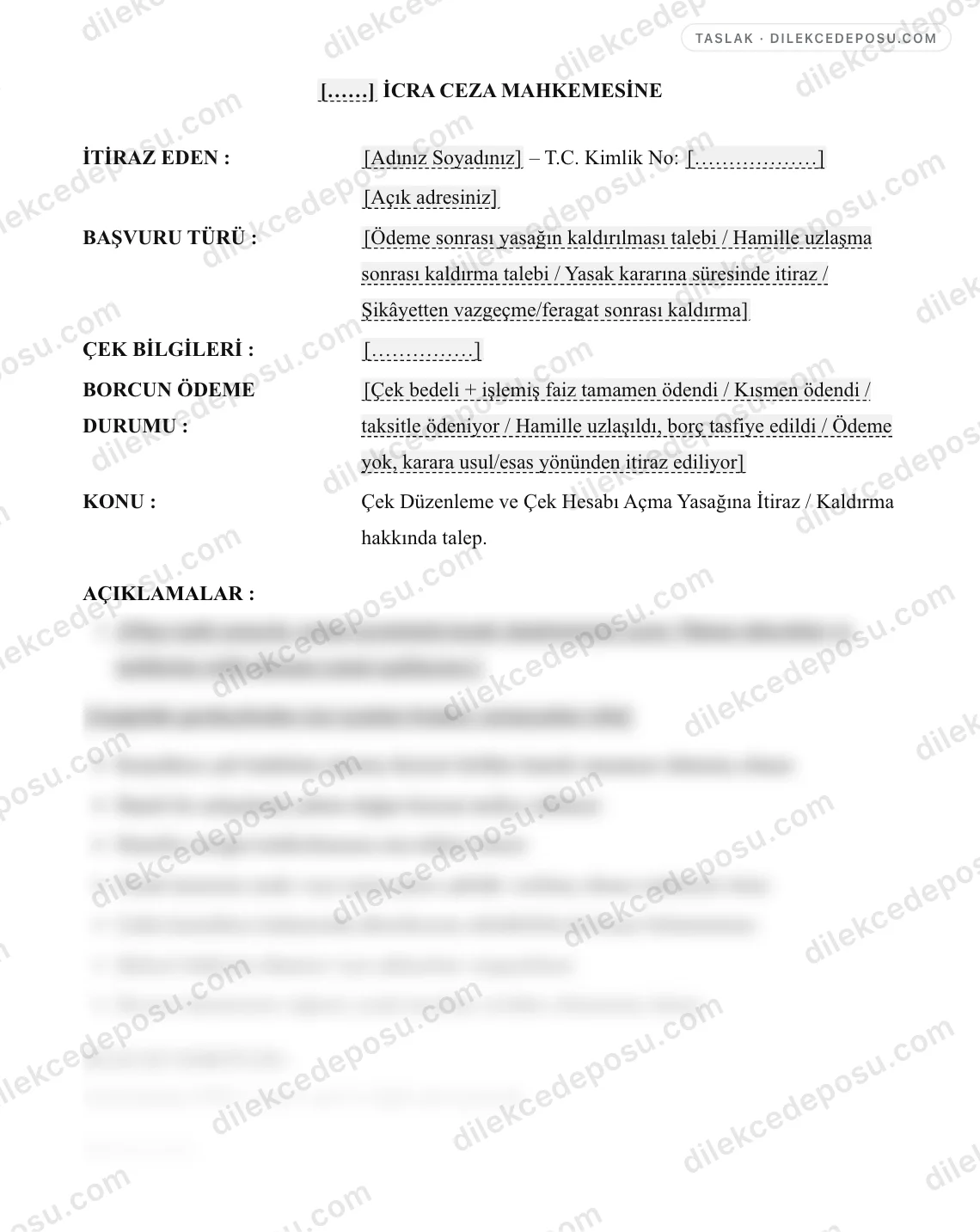 Çek Düzenleme ve Çek Hesabı Açma Yasağına İtiraz / Kaldırma Talebi Örneği – taslağın ilk bölümünün önizlemesi