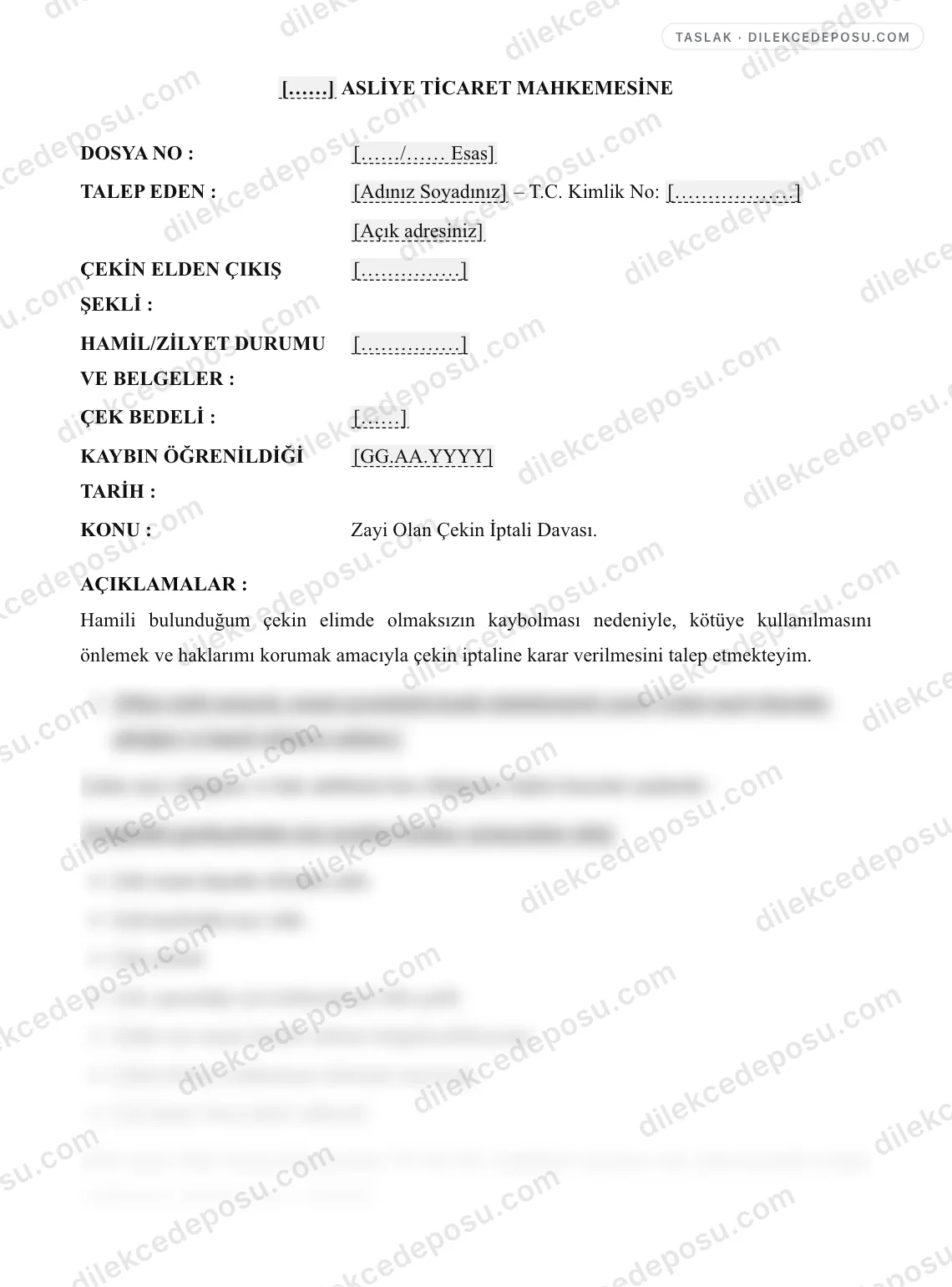 Çek İptali (Zayi/Kaybolma) Davası Örneği – taslağın ilk bölümünün önizlemesi