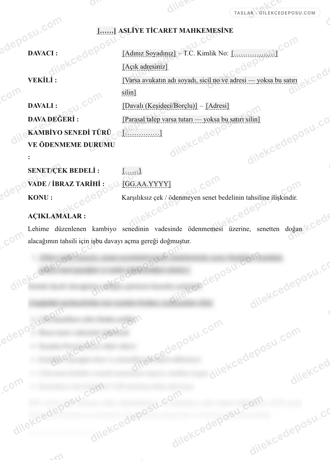 Çek/Senet Dava Dilekçesi Örneği – taslağın ilk bölümünün önizlemesi