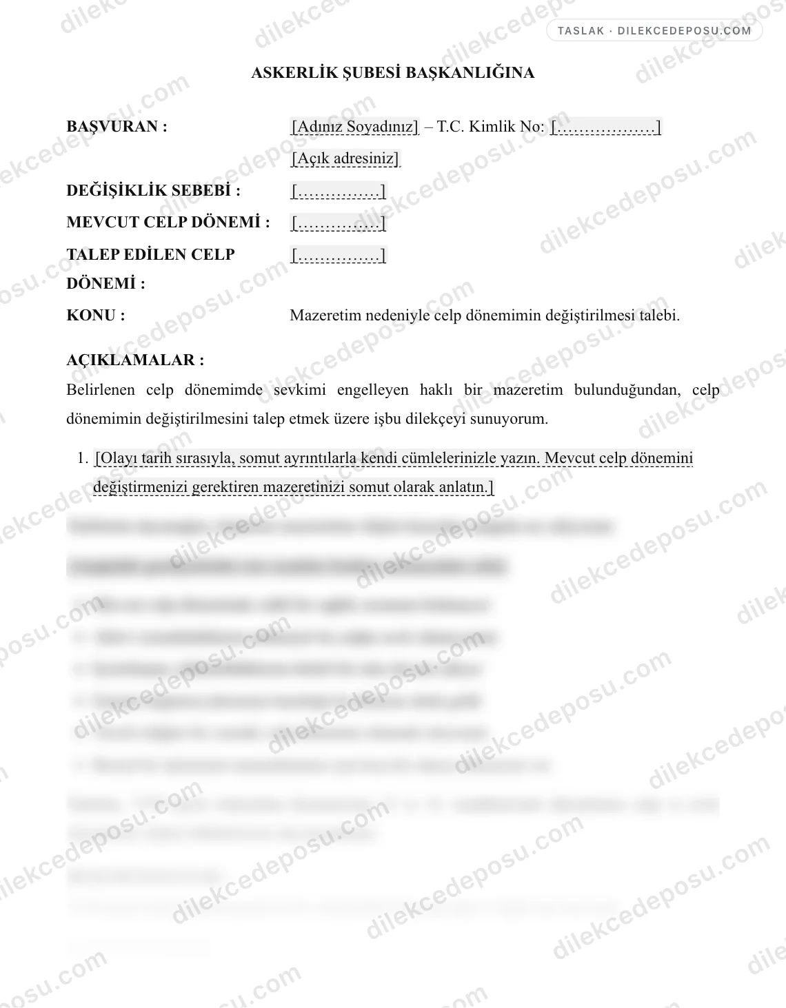Celp Dönemi Değişikliği Talep Dilekçesi Örneği – taslağın ilk bölümünün önizlemesi