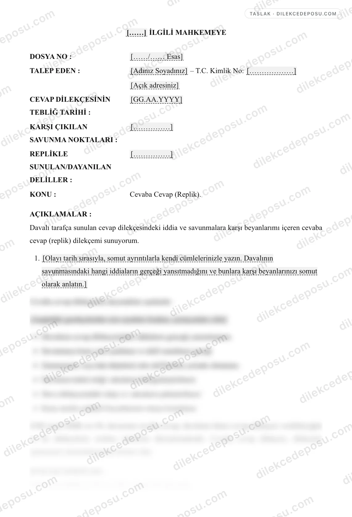 Cevaba Cevap (Replik) Dilekçesi Örneği – taslağın ilk bölümünün önizlemesi