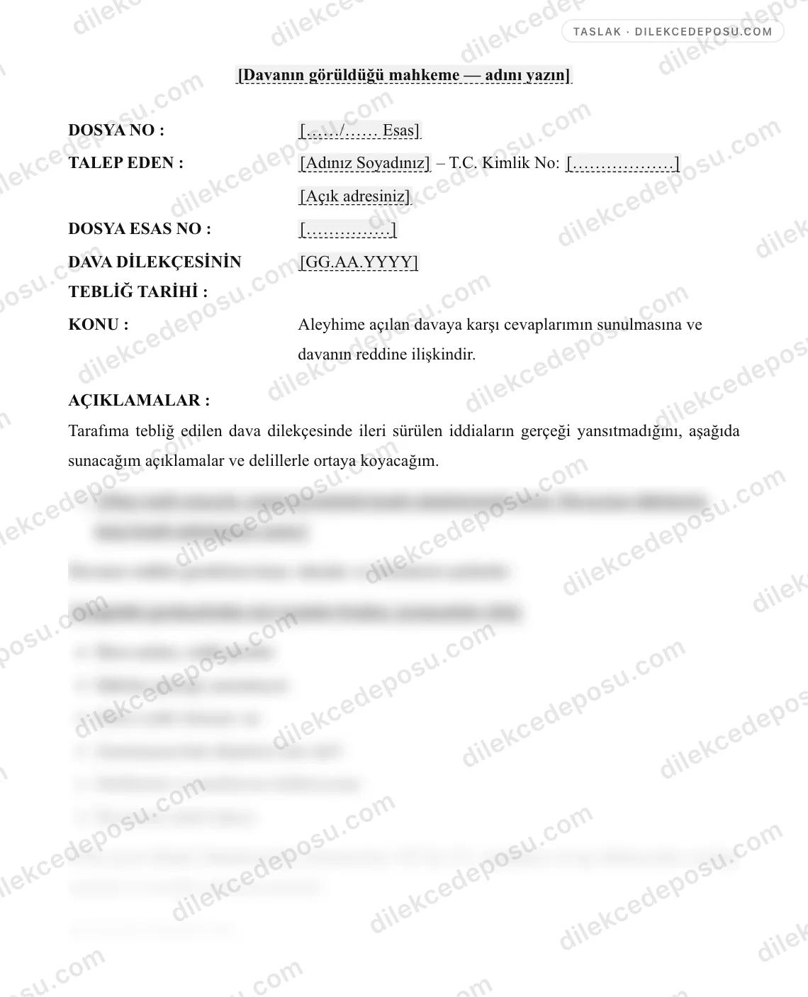 Cevap Dilekçesi Örneği – taslağın ilk bölümünün önizlemesi