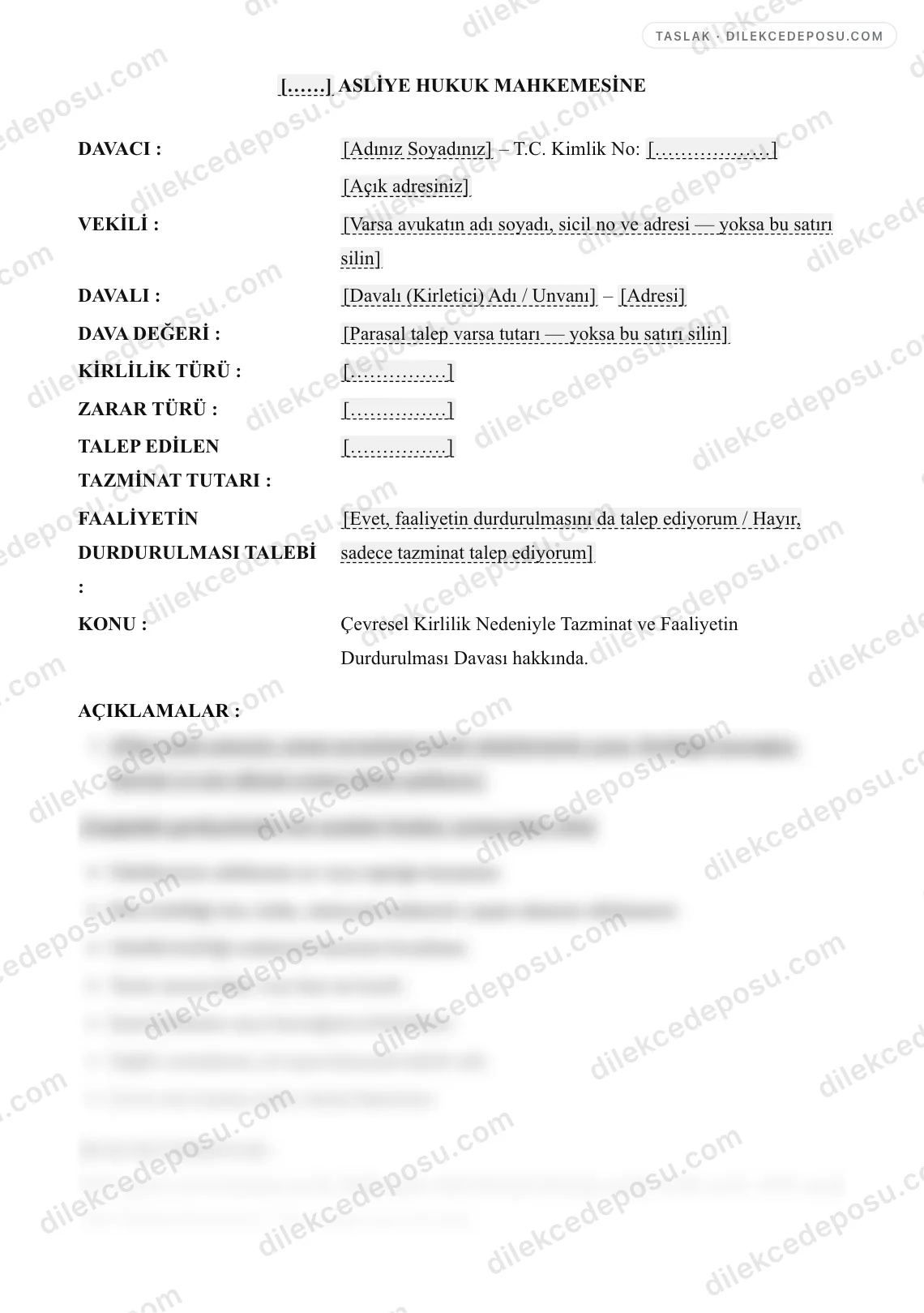 Çevresel Kirlilik Nedeniyle Tazminat ve Faaliyetin Durdurulması Davası Örneği – taslağın ilk bölümünün önizlemesi