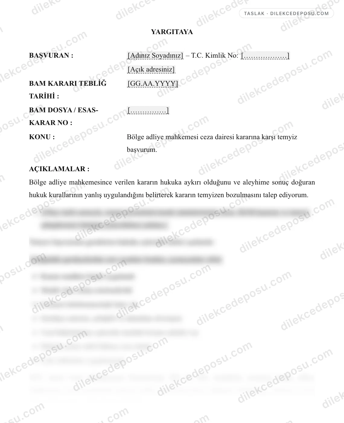 Ceza Temyiz Başvuru Dilekçesi Örneği – taslağın ilk bölümünün önizlemesi