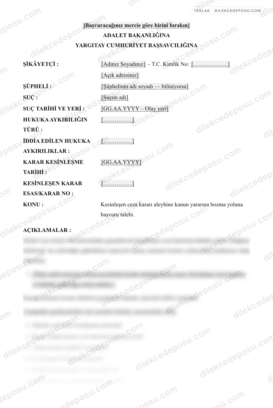 Ceza Yargılamasında Kanun Yararına Bozma Talebi Örneği – taslağın ilk bölümünün önizlemesi