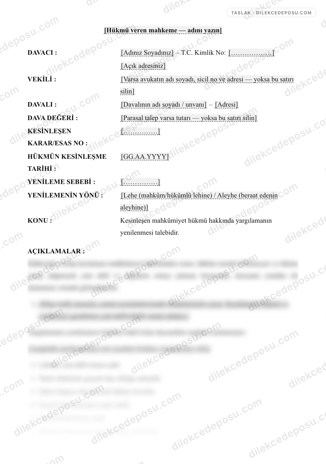 Ceza Yargılamasının Yenilenmesi Talebi Örneği – taslağın ilk bölümünün önizlemesi
