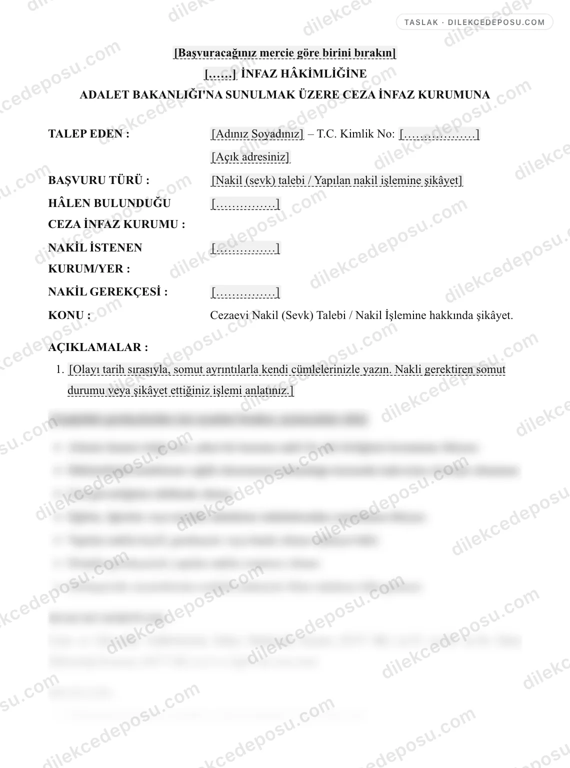 Cezaevi Nakil (Sevk) Talebi / Nakil İşlemine Şikayet Dilekçesi (İnfaz Hakimliği) Örneği – taslağın ilk bölümünün önizlemesi