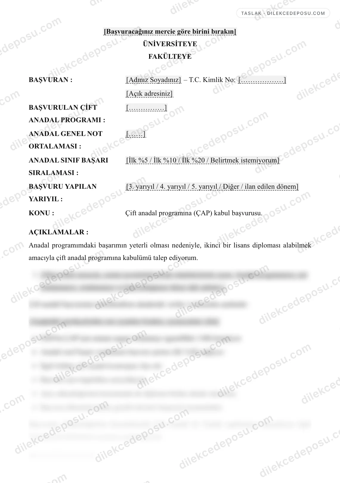 Çift Anadal Başvuru Dilekçesi Örneği – taslağın ilk bölümünün önizlemesi