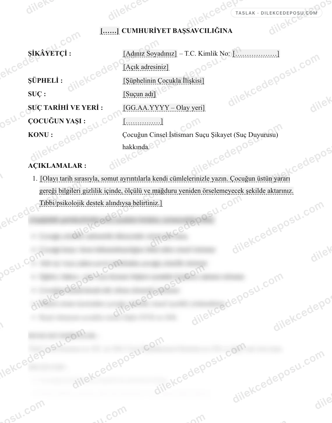 Çocuğun Cinsel İstismarı Suçu Şikayet (Suç Duyurusu) Dilekçesi Örneği – taslağın ilk bölümünün önizlemesi