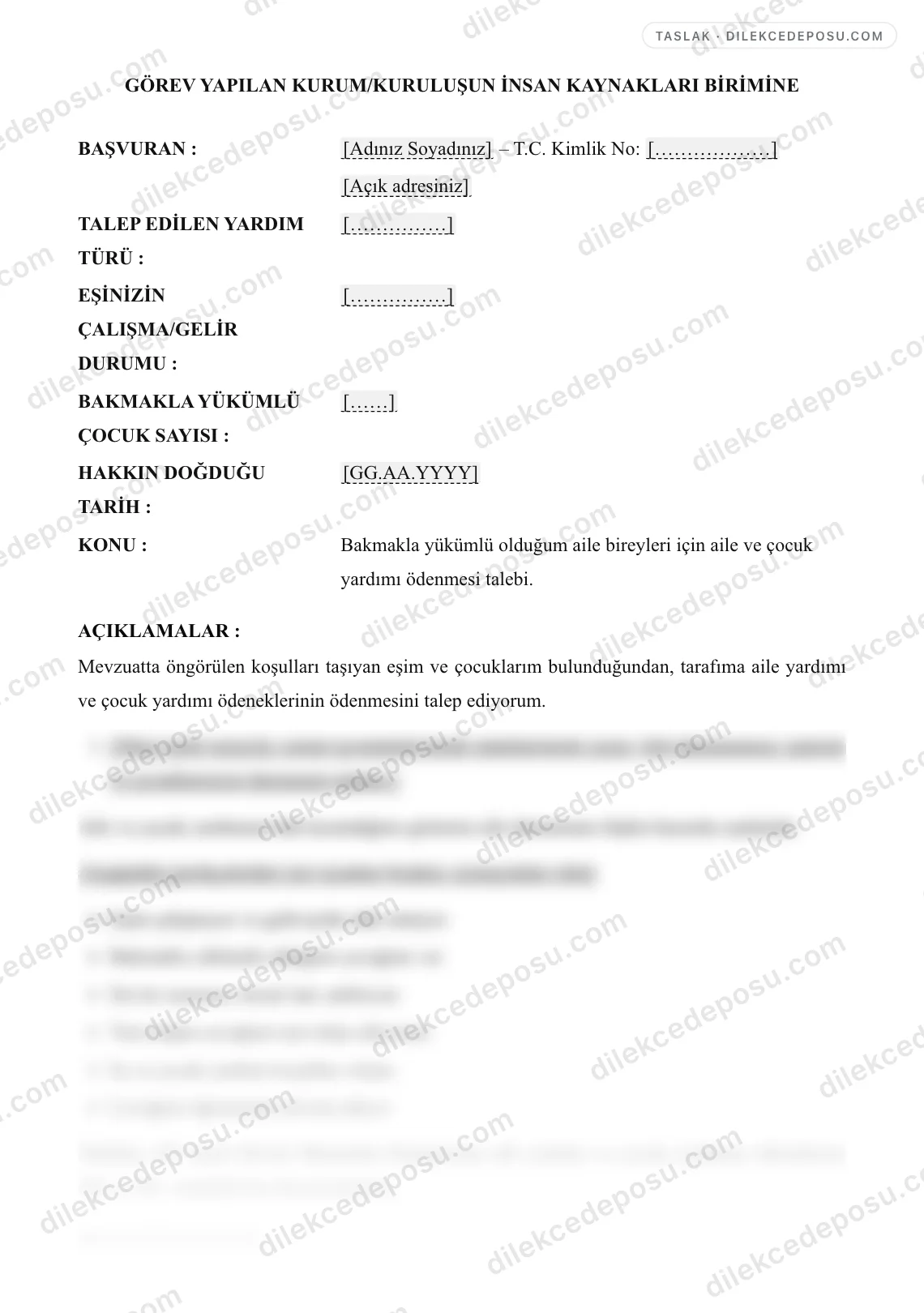 Çocuk/Aile Yardımı Dilekçesi Örneği – taslağın ilk bölümünün önizlemesi
