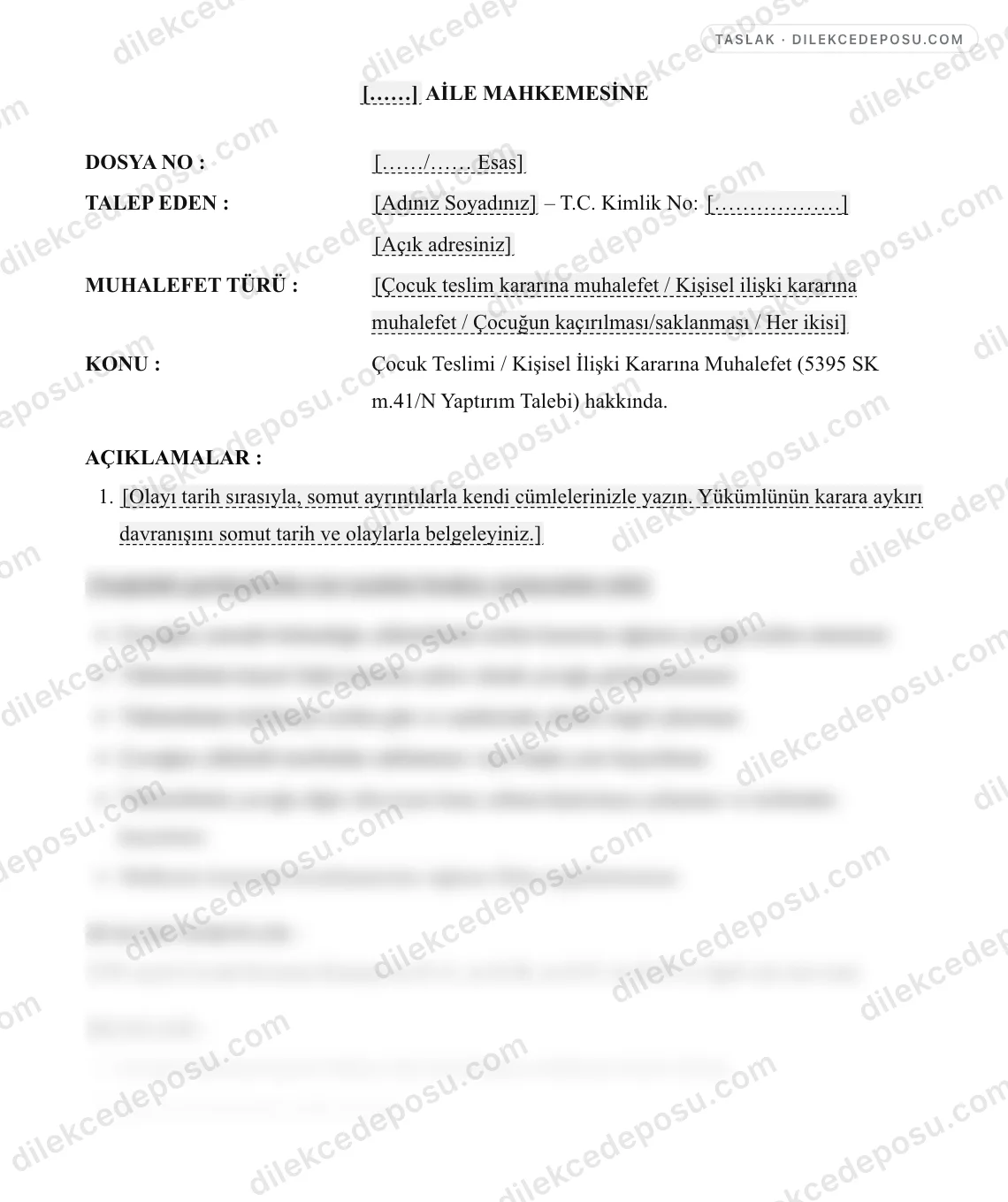 Çocuk Teslimi / Kişisel İlişki Kararına Muhalefet (5395 SK m.41/N Yaptırım Talebi) Dilekçesi Örneği – taslağın ilk bölümünün önizlemesi