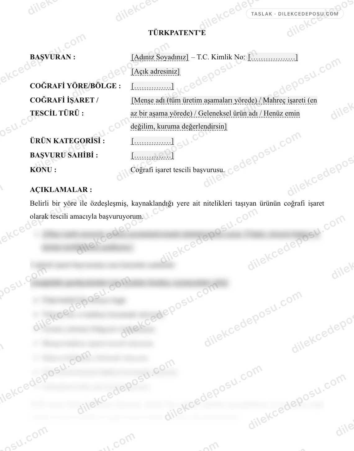 Coğrafi İşaret Başvuru Dilekçesi Örneği – taslağın ilk bölümünün önizlemesi