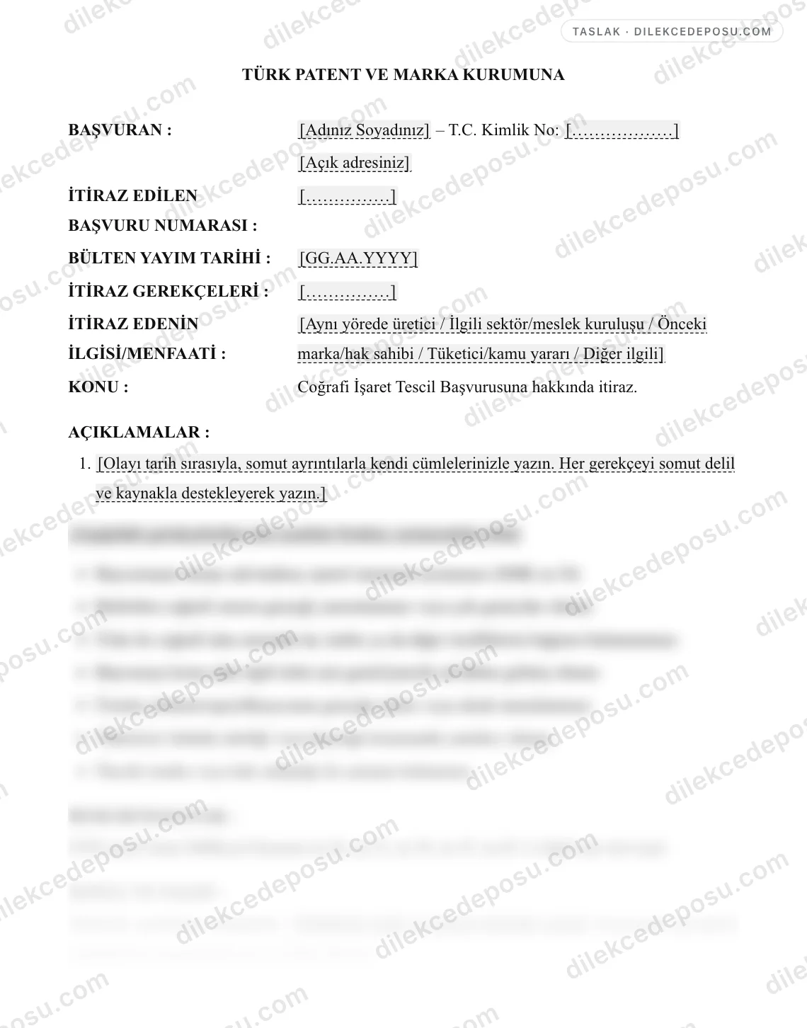 Coğrafi İşaret Tescil Başvurusuna İtiraz Dilekçesi Örneği – taslağın ilk bölümünün önizlemesi