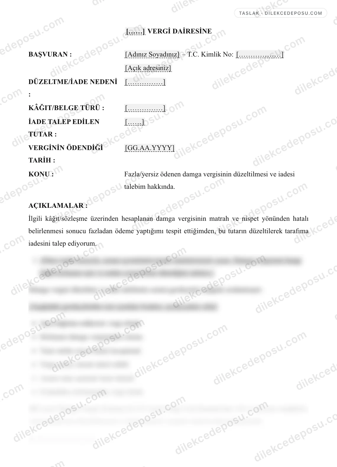Damga Vergisi Düzeltme/İade Dilekçesi Örneği – taslağın ilk bölümünün önizlemesi