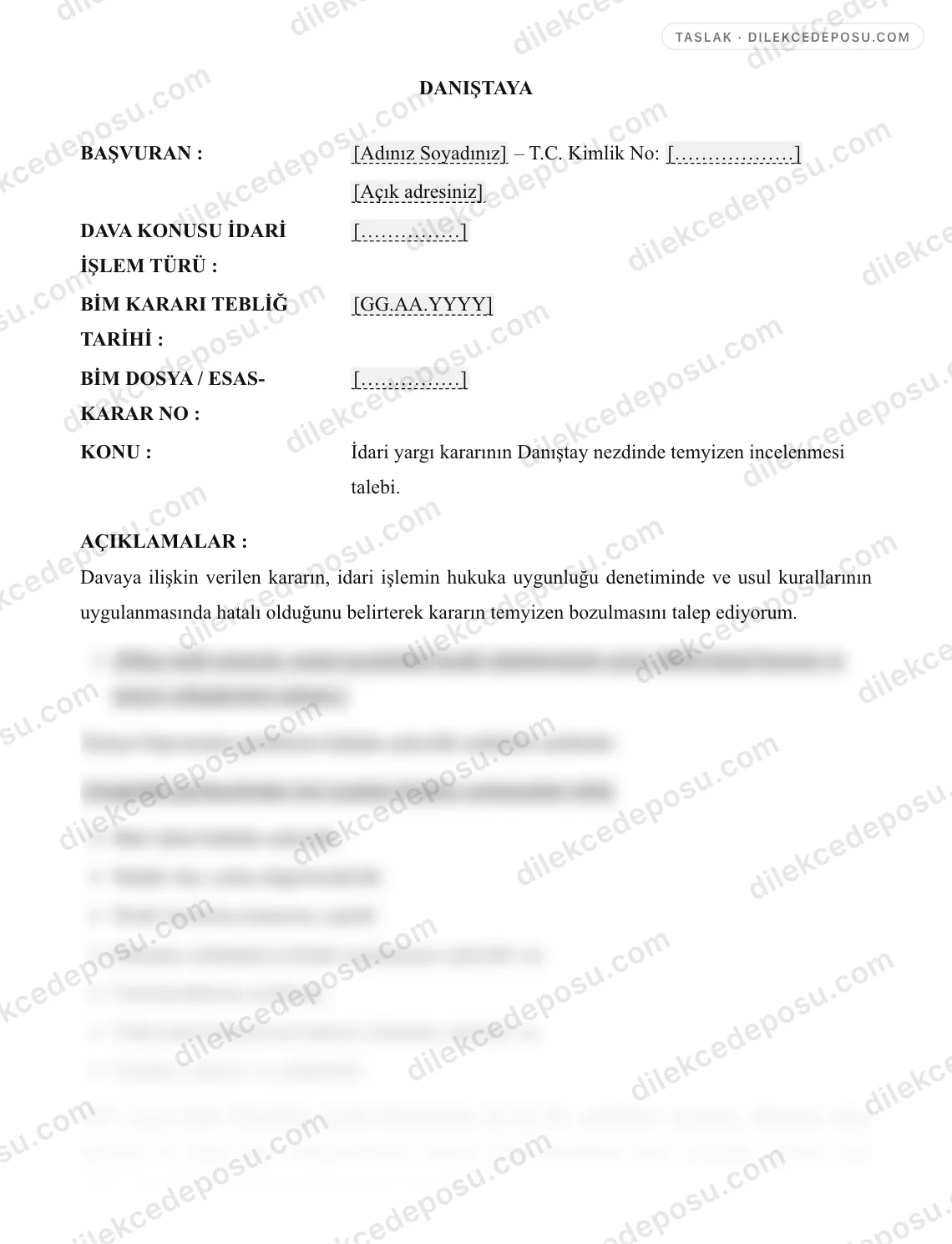 Danıştay Temyiz Dilekçesi (İdari Yargı) Örneği – taslağın ilk bölümünün önizlemesi