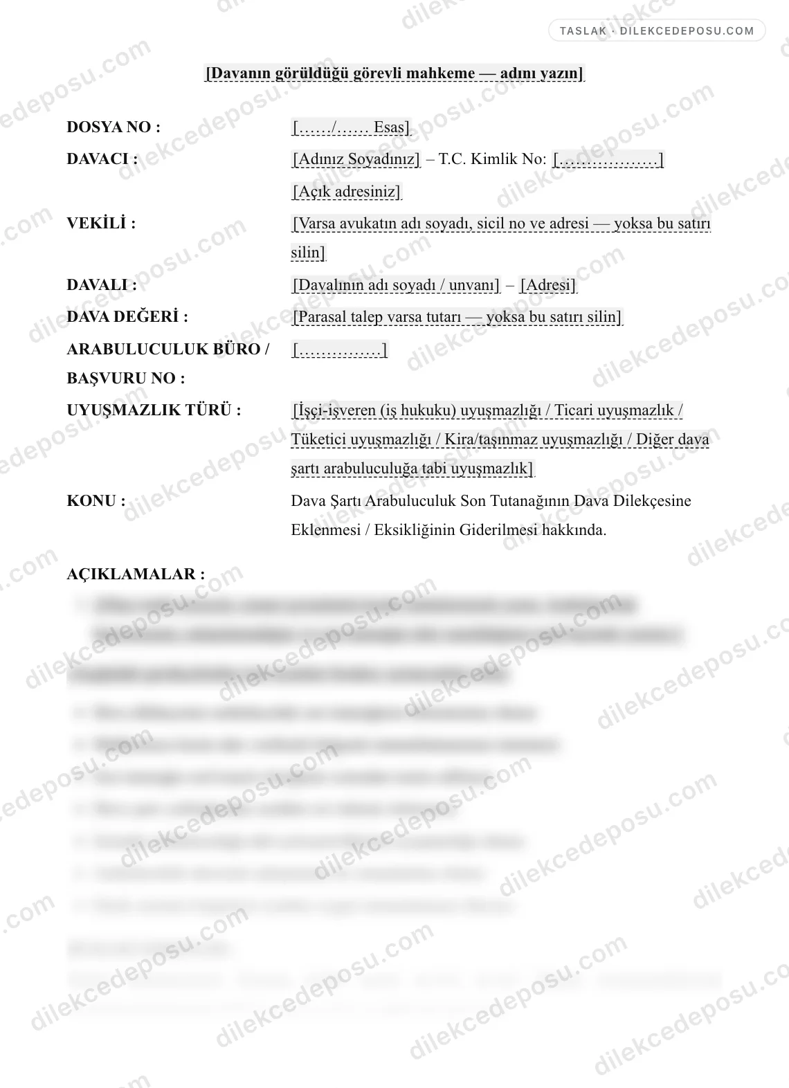 Dava Şartı Arabuluculuk Son Tutanağının Dava Dilekçesine Eklenmesi / Eksikliğinin Giderilmesi Dilekçesi Örneği – taslağın ilk bölümünün önizlemesi