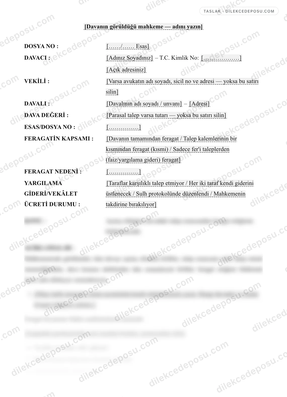 Davadan Feragat Dilekçesi Örneği – taslağın ilk bölümünün önizlemesi