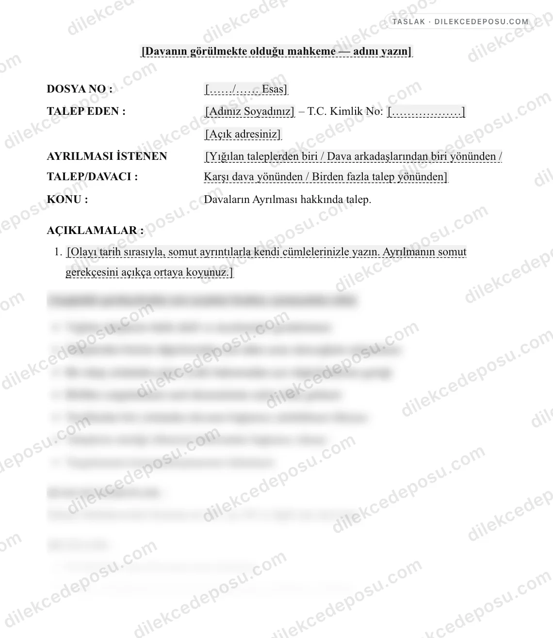 Davaların Ayrılması Talebi Dilekçesi Örneği – taslağın ilk bölümünün önizlemesi