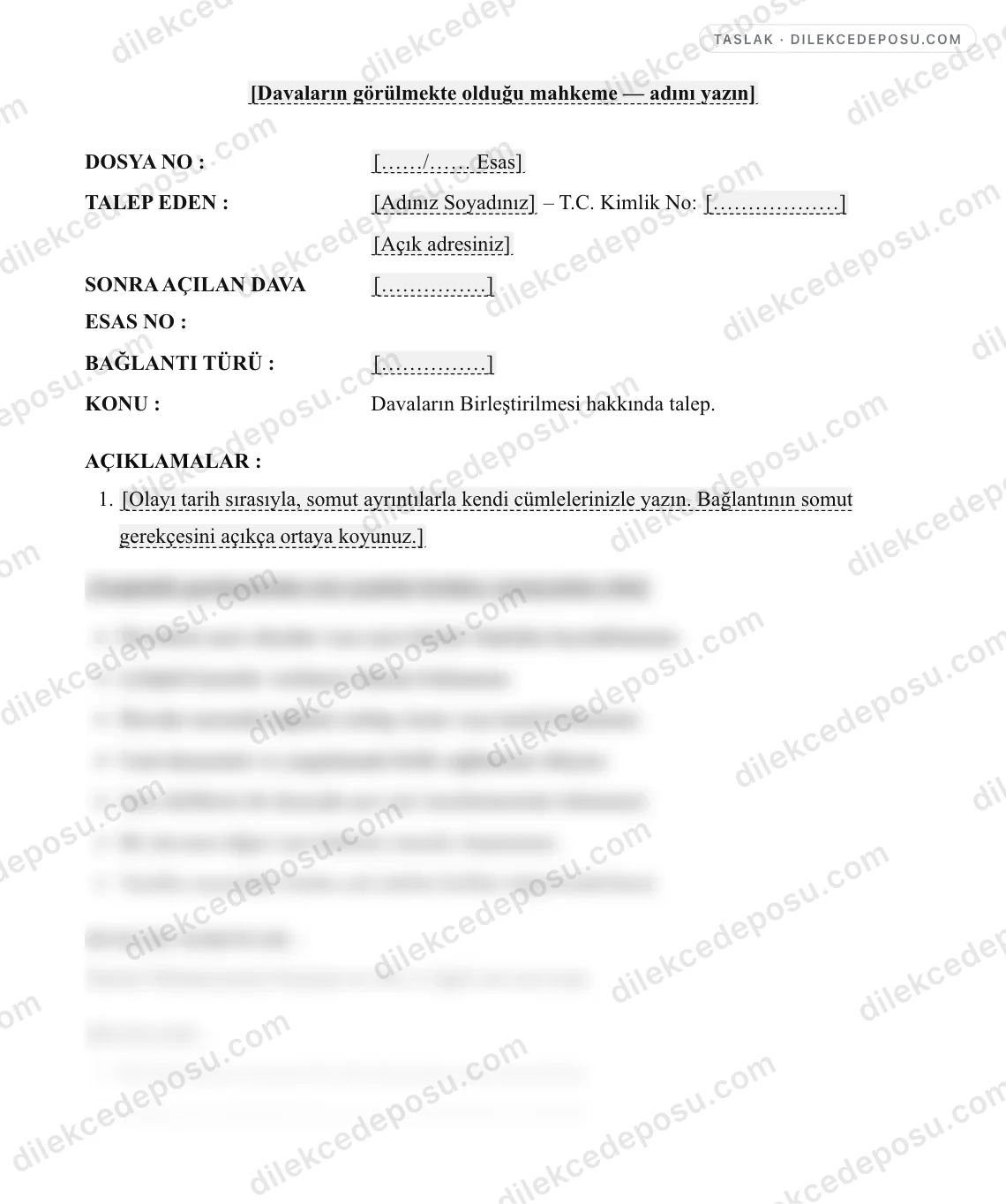 Davaların Birleştirilmesi Talebi Dilekçesi Örneği – taslağın ilk bölümünün önizlemesi
