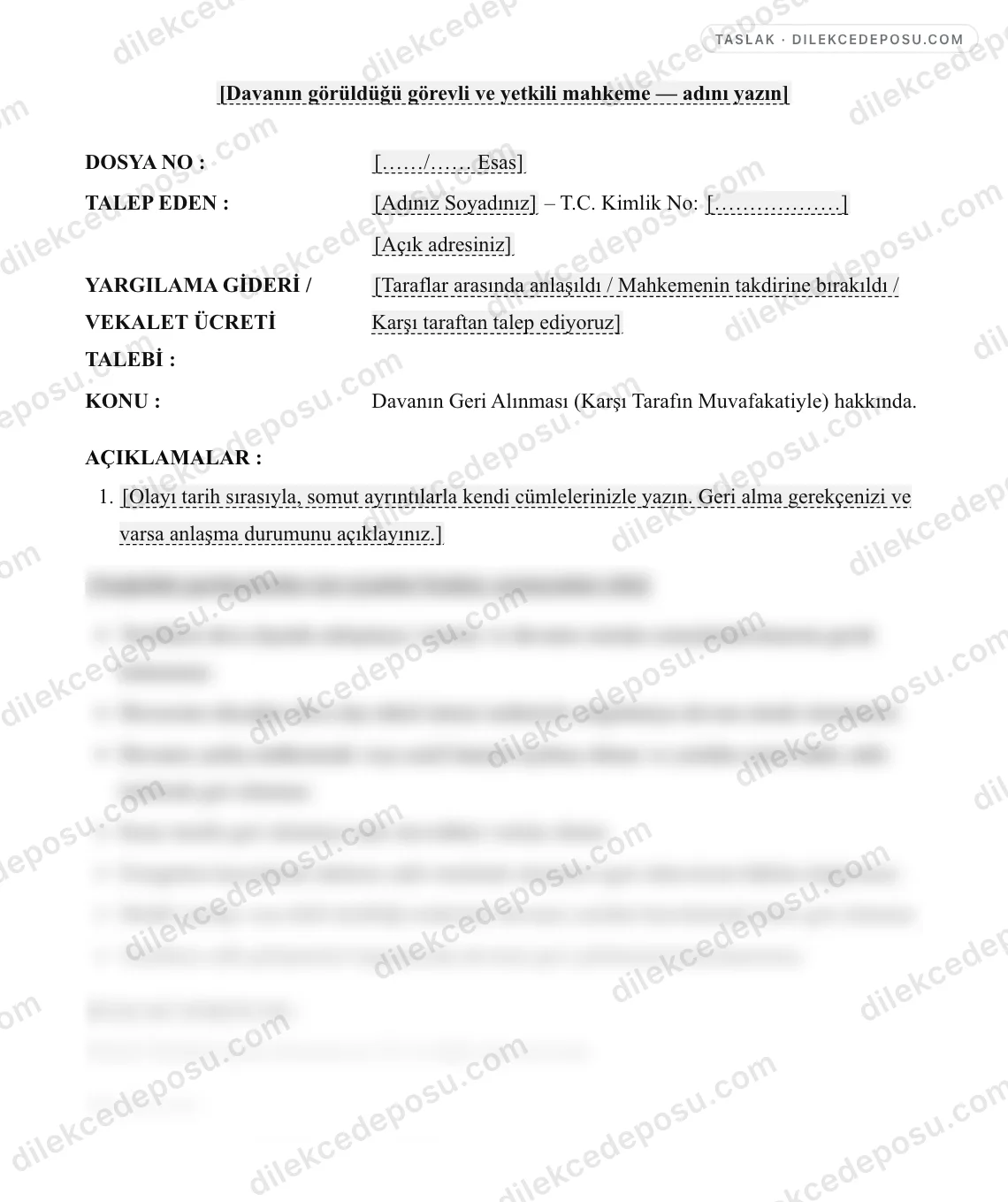 Davanın Geri Alınması (Karşı Tarafın Muvafakatiyle) Dilekçesi Örneği – taslağın ilk bölümünün önizlemesi