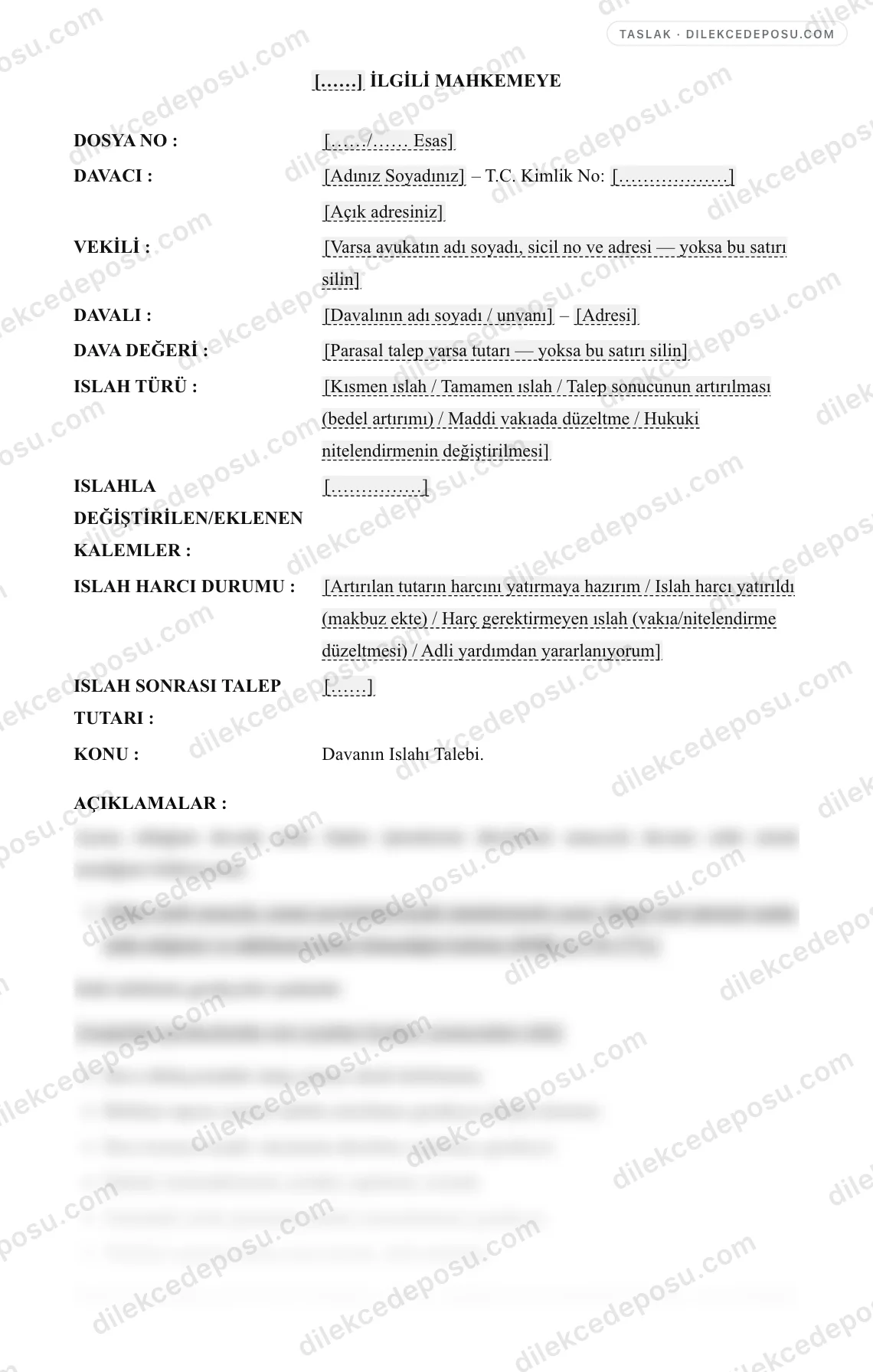 Davanın Islahı Dilekçesi Örneği – taslağın ilk bölümünün önizlemesi