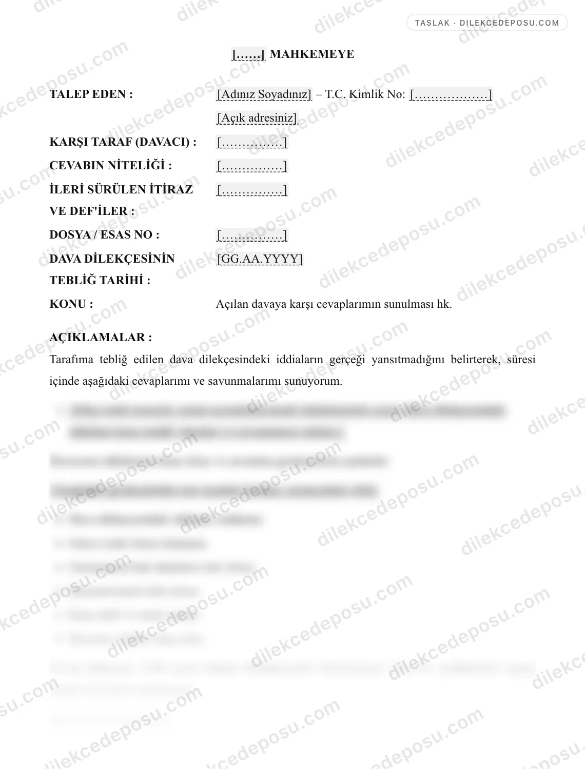 Davaya Cevap Dilekçesi Örneği – taslağın ilk bölümünün önizlemesi