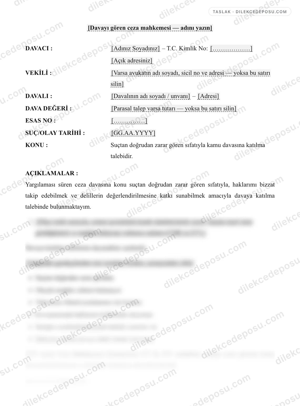 Davaya Katılma (Müdahale) Talebi (Ceza) Örneği – taslağın ilk bölümünün önizlemesi