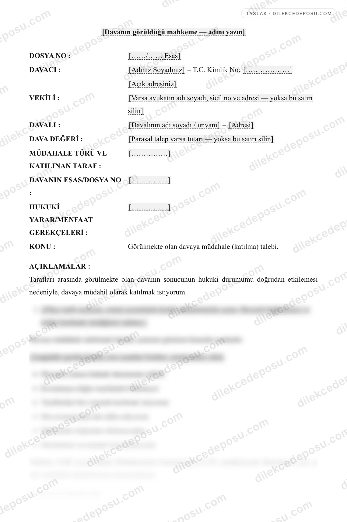 Davaya Müdahale (Asli/Fer'i) Talebi Örneği – taslağın ilk bölümünün önizlemesi