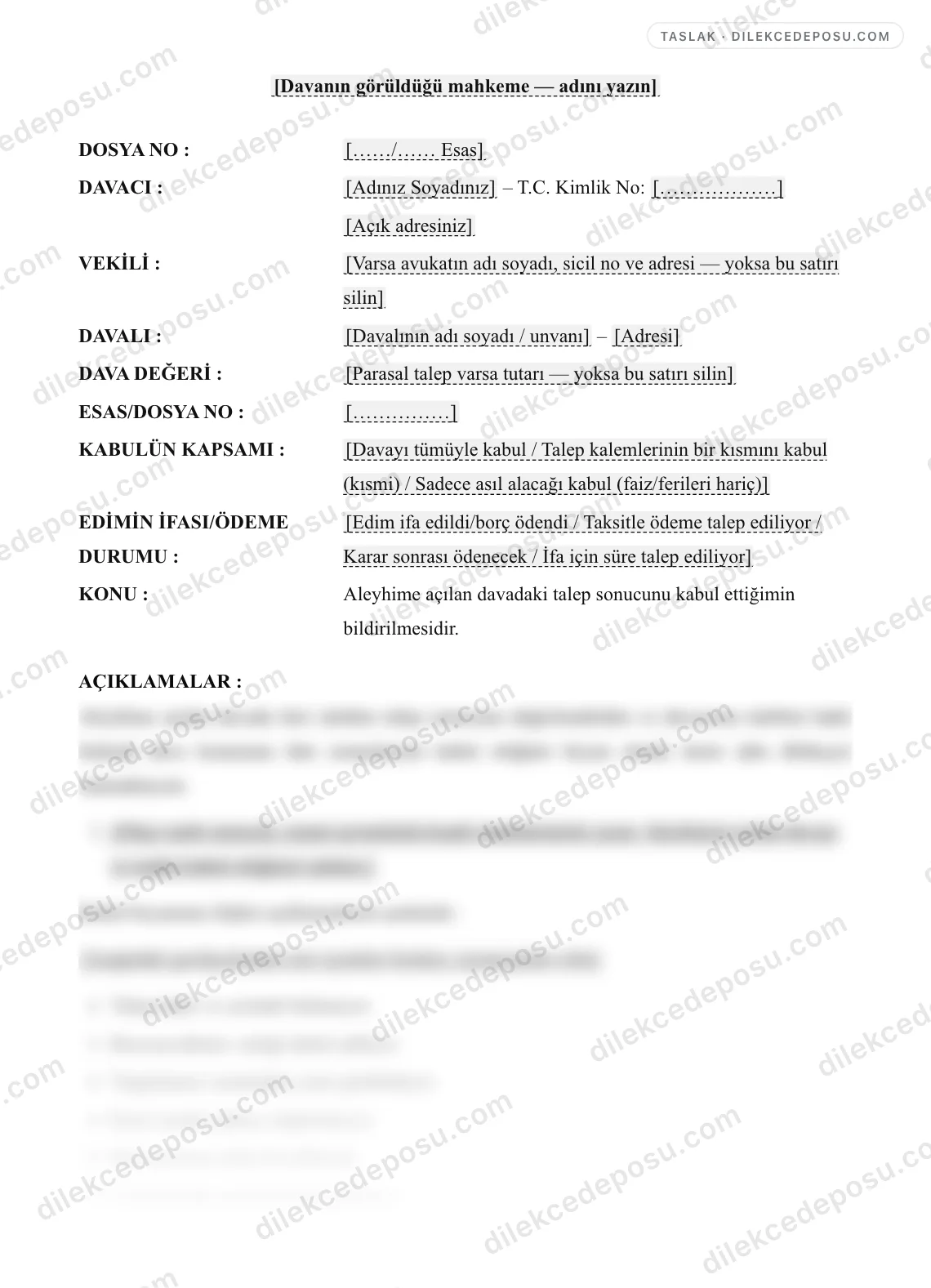 Davayı Kabul Dilekçesi Örneği – taslağın ilk bölümünün önizlemesi