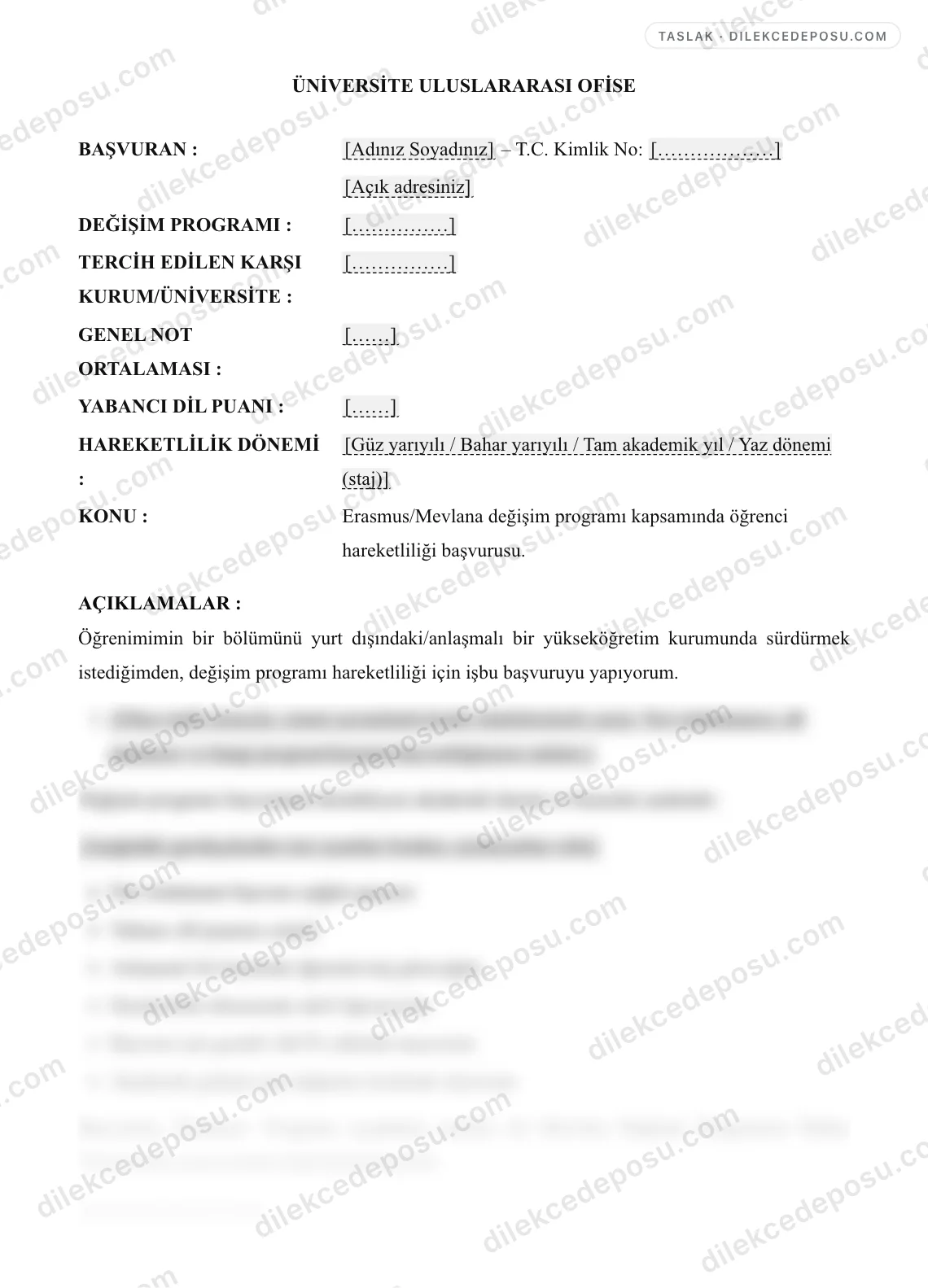 Değişim Programı (Erasmus/Mevlana/Farabi) Başvuru Dilekçesi Örneği – taslağın ilk bölümünün önizlemesi