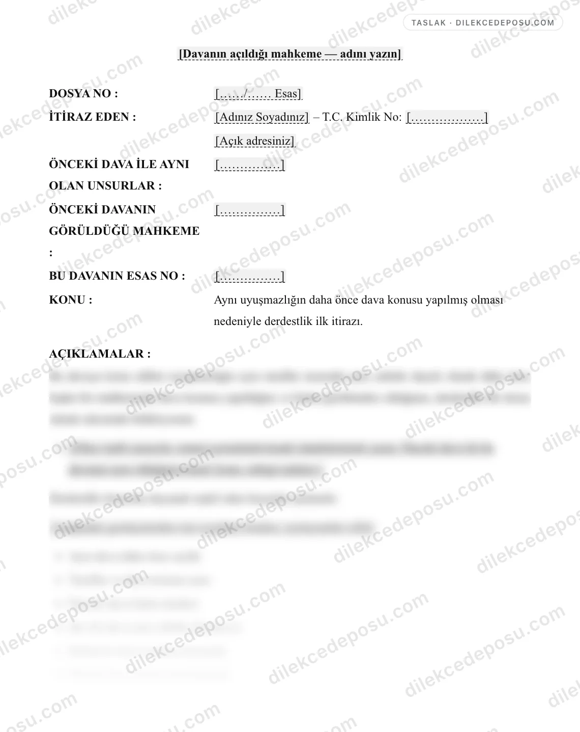 Derdestlik İlk İtirazı Dilekçesi Örneği – taslağın ilk bölümünün önizlemesi
