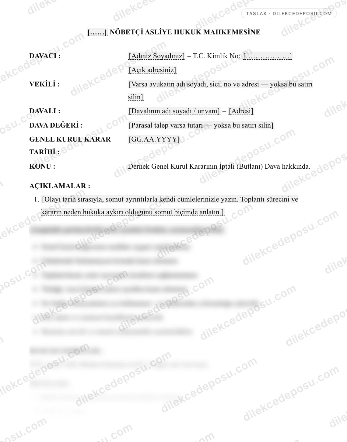 Dernek Genel Kurul Kararının İptali (Butlanı) Dava Dilekçesi Örneği – taslağın ilk bölümünün önizlemesi
