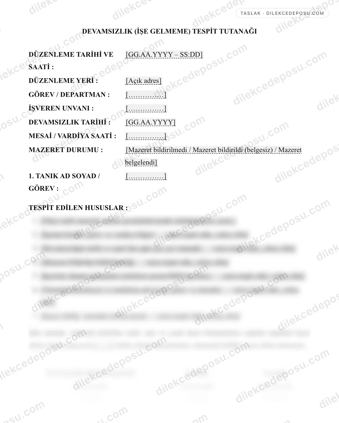 Devamsızlık (İşe Gelmeme) Tespit Tutanağı Örneği – taslağın ilk bölümünün önizlemesi