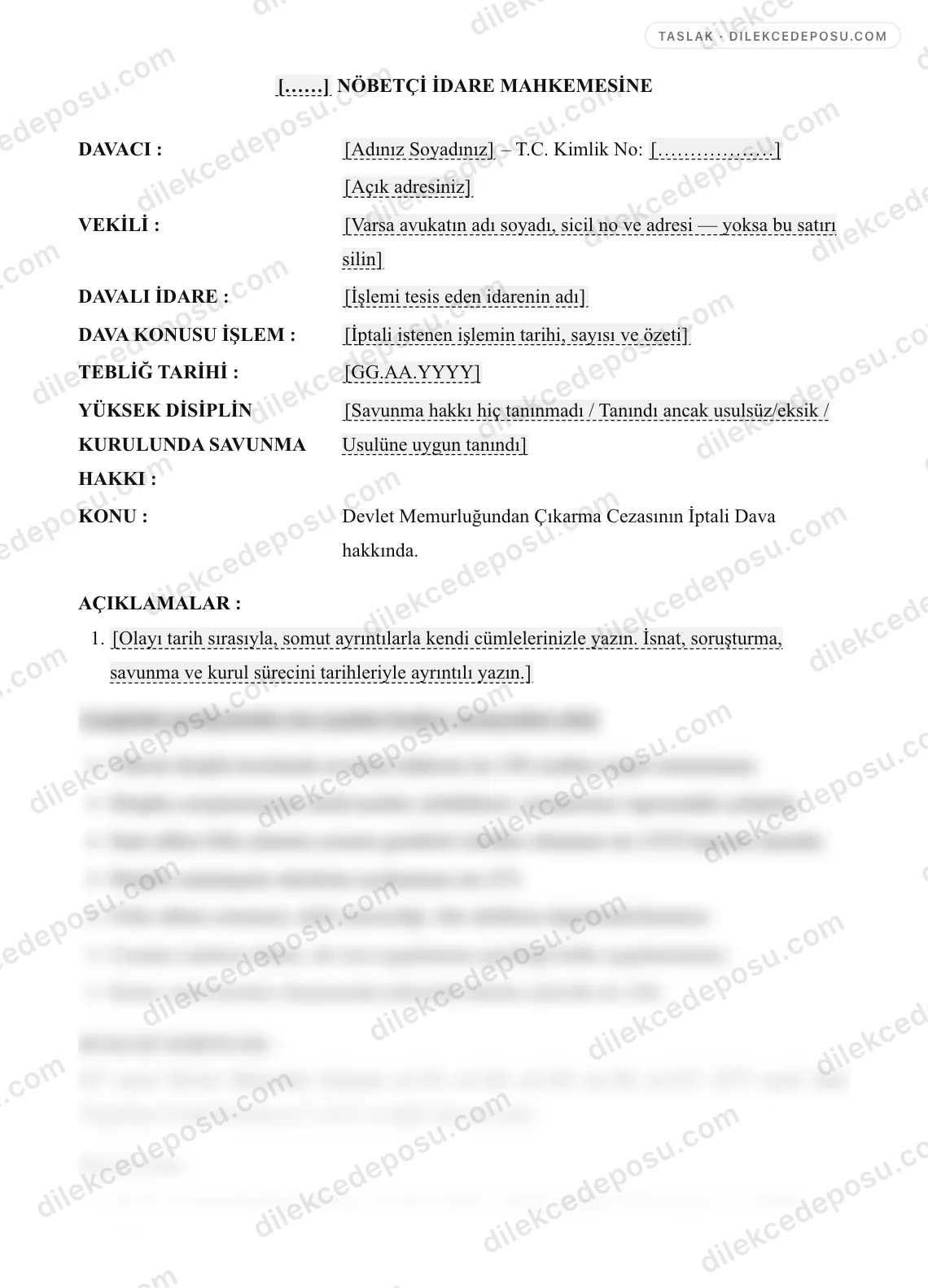 Devlet Memurluğundan Çıkarma Cezasının İptali Dava Dilekçesi (657) Örneği – taslağın ilk bölümünün önizlemesi