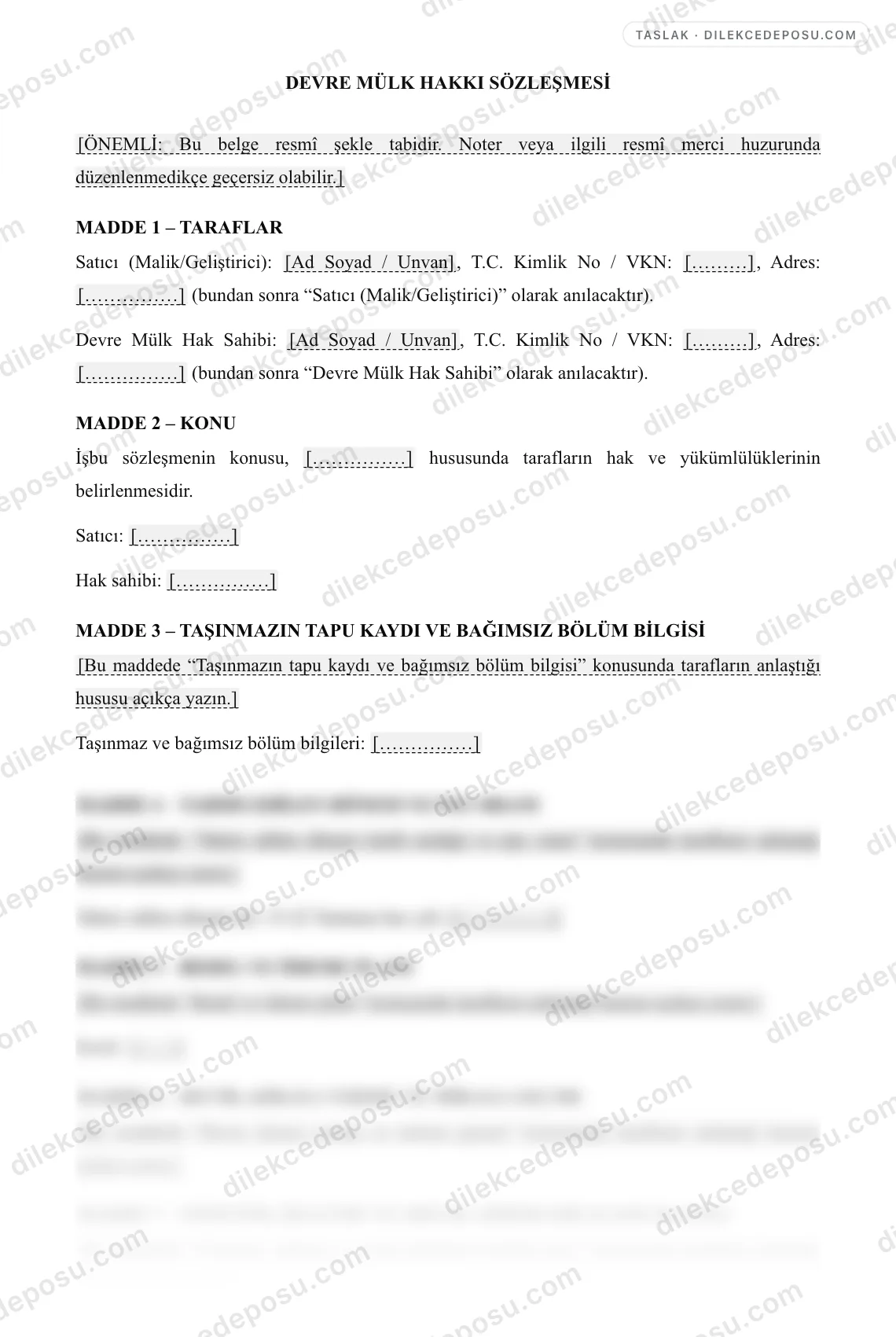 Devre Mülk Hakkı Sözleşmesi Örneği – taslağın ilk bölümünün önizlemesi