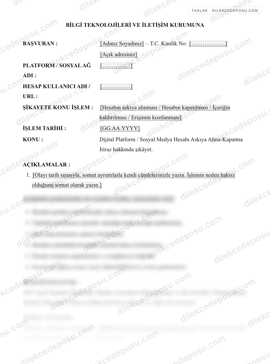 Dijital Platform / Sosyal Medya Hesabı Askıya Alma-Kapatma İtiraz Şikayet Dilekçesi Örneği – taslağın ilk bölümünün önizlemesi