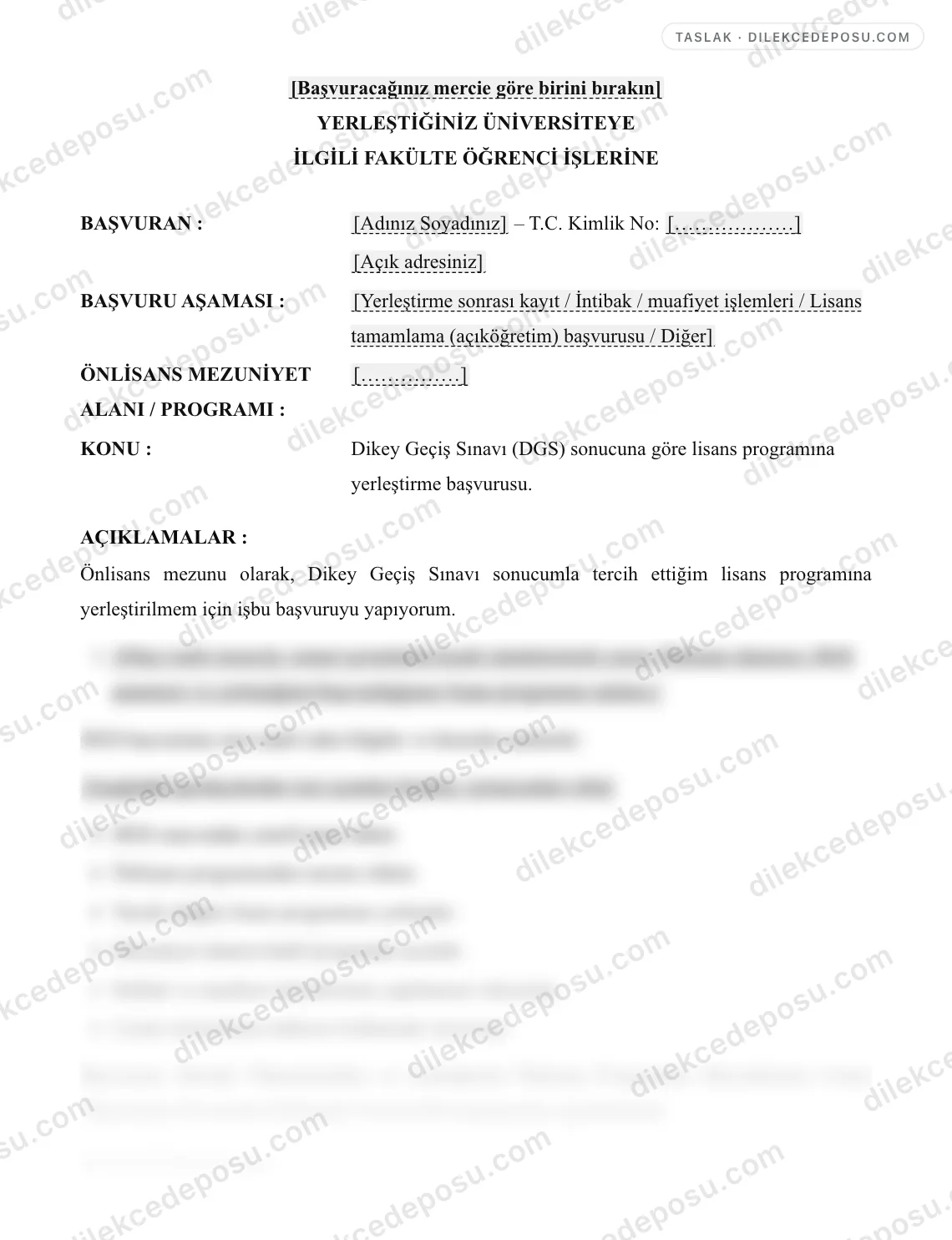 Dikey Geçiş Başvuru (DGS) Örneği – taslağın ilk bölümünün önizlemesi